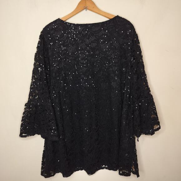 Catherines Black Lace Tunic Sequins Bell Sleeve V Neck - Picture 8 of 9